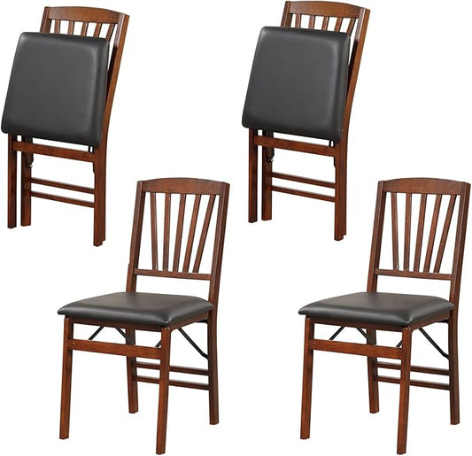 Folding Chairs Set 4, Wooden Foldable No Assembly Chair-Set with Padded Seats, Solid Wood Frame, 400 lbs Weight Capacity, Space Saving Dining Chairs for Small Space, Guests Kitchen (4, Slatted Back)