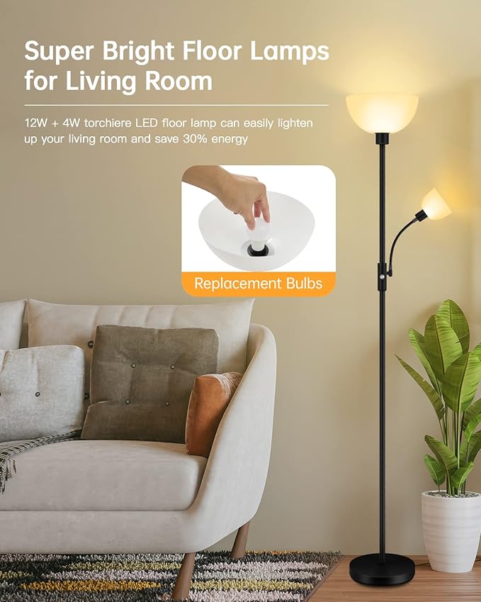 Floor Lamps for Living Room Black, 71" Tall Pole Bedroom Light, Bright Floor Lamp with Adjustable Reading Light, Simple Standing Lamp, White Plastic Lampshade, 3-Way Rotary Switch, Modern Mid-Century