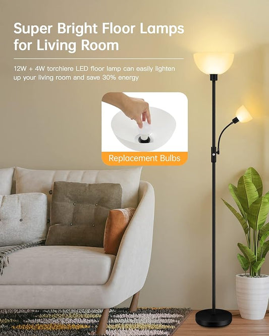 Floor Lamps for Living Room Black, 71" Tall Pole Bedroom Light, Bright Floor Lamp with Adjustable Reading Light, Simple Standing Lamp, White Plastic Lampshade, 3-Way Rotary Switch, Modern Mid-Century