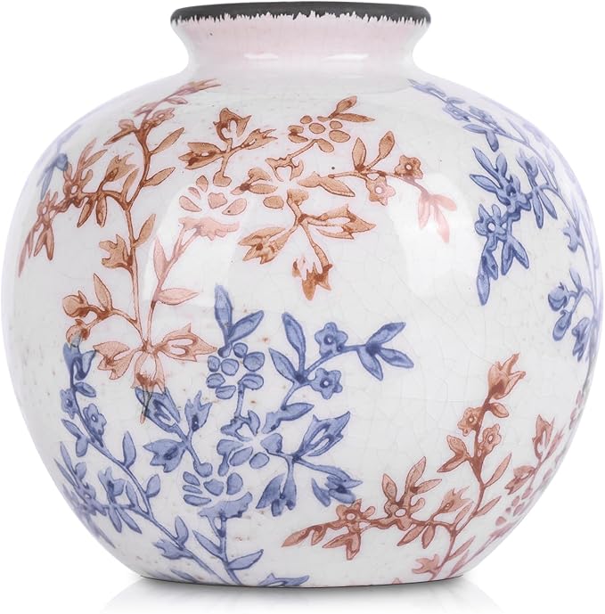 Vintage Blue and White Brown Round Vase, Chinoiserie Porcelain Blue Floral Vase, Mid Century Modern Pottery Flower Vases for Bouquet and Home Rustic Farmhouse Dining Table Decor