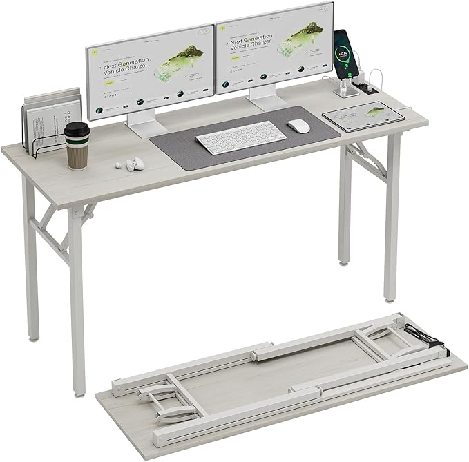 TEMI Long Computer Desk Folding Table - No Assembly, Compact 55.1" Foldable Desk with Power Outlets & USB Charging Port, Portable Lagre Office Desk, Ideal Large Study Table for Narrow Spaces,White Ash