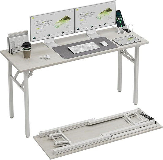 TEMI Long Computer Desk Folding Table - No Assembly, Compact 55.1" Foldable Desk with Power Outlets & USB Charging Port, Portable Lagre Office Desk, Ideal Large Study Table for Narrow Spaces,White Ash