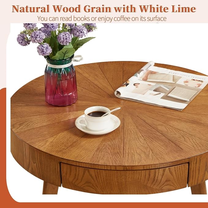 2 Piece Modern Farmhouse Coffee Table Set with Drawer, Boho Round Natural Real Wood Coffee Table for Living Room, Nesting Coffee Side Table Set with Radial Design, Wenger