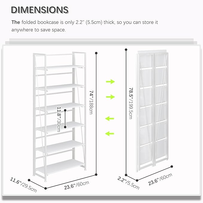 4NM No Assembly Folding Bookshelf, 6-Shelf 74" H Collapsible Foldable Bookcase Storage for Small Spaces, All White