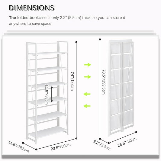 4NM No Assembly Folding Bookshelf, 6-Shelf 74" H Collapsible Foldable Bookcase Storage for Small Spaces, All White