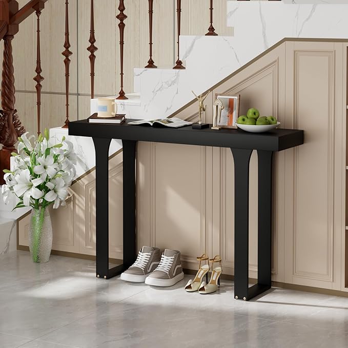 Bamboo 47.2" Narrow Console Table, Rectangular Side Table, Farmhouse Entryway Table, Modern Sofa Table Behind Couch, Accent Table for Entrance, Living Room, Hallway, Foyer (Black