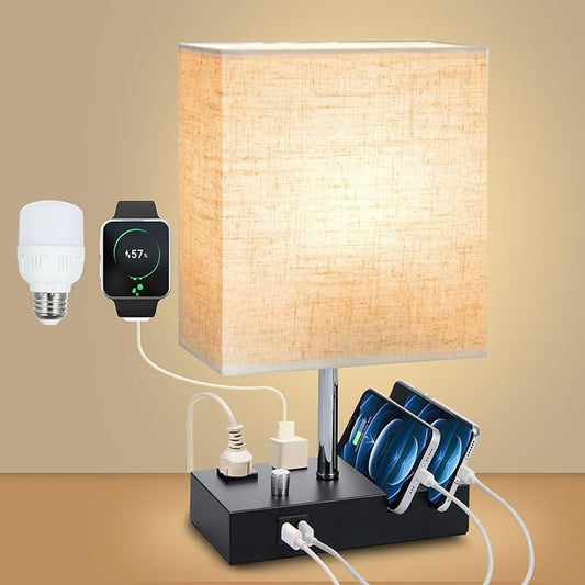 Nightstand Lamp for Bedroom with USB A + C Ports, Small Bedside Table Lamp with Charging Outlets and Phone Stands, 3 Color Temperatures Night Stand Light with Bulb for Living Room