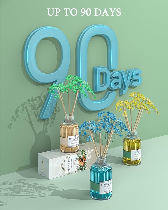 MIZZEO Reed Diffuser Set, Natural Wood 6.76 fl oz Highly Scented Room Diffuser Home Fragrance Essential Oil Reed Flower Diffuser, House Bedroom Office Decor & Gifts