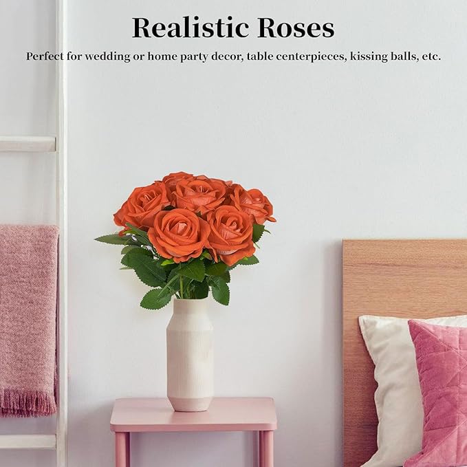 10 PCS Artificial Roses with Long Stems Silk Flowers Realistic Foam Flowers Fake Roses for Valentine's Day Autumn Fall Decor Halloween(Orange)