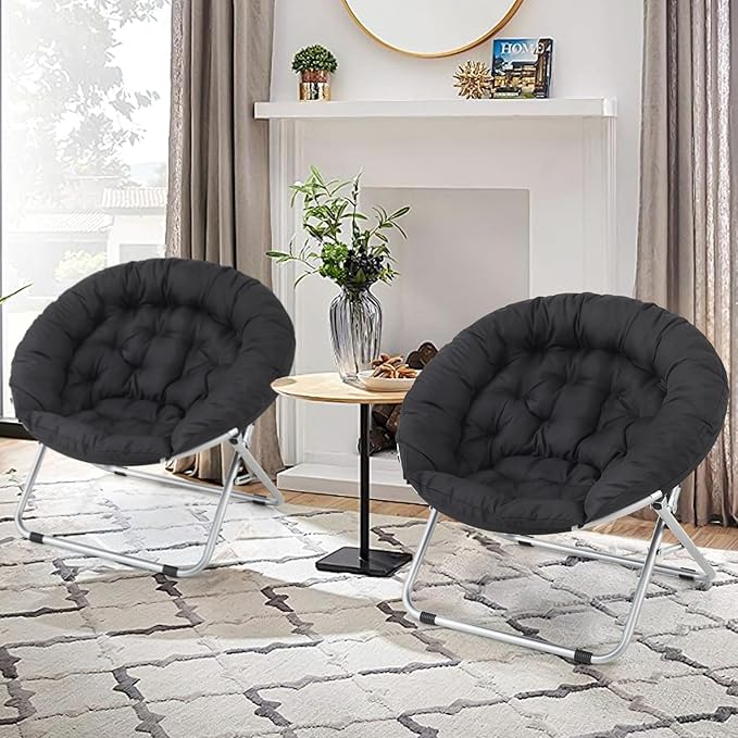 Athena Collection Comfy Saucer Chair, Folding Oversized Cozy Chair for Bedroom Living Room Fabric Reading Chair, Foldable Metal Frame Round Lazy Chair Moon Chair for Adult Set of 2, Black