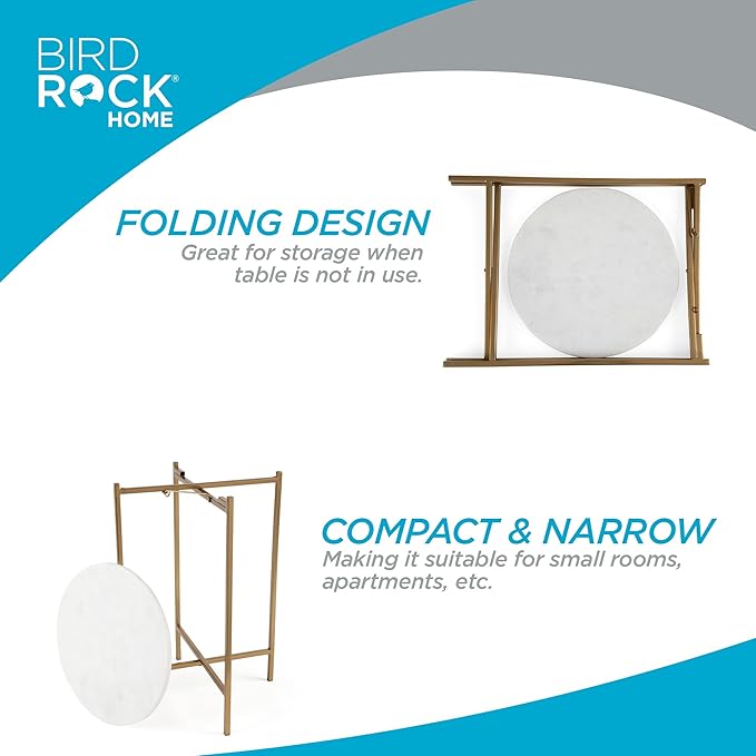 BIRDROCK HOME Folding Side Table with Marble Top - Metal Foldable Nightstand - Indoor Use Only - Bar Coffee Drinks Food Serving Tray - Decorative Modern End Accent (Marble Top with Gold Legs)