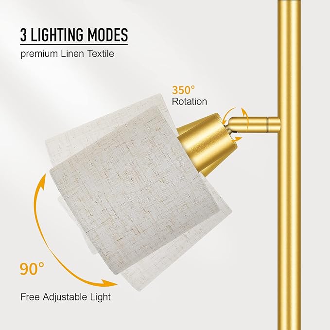 Gold Floor Lamps for Living Room, 3 Color Temperature, 3 Light Tree Standing Lamp, Minimalist Corner Floor Lamp with Lamp Shades Modern Pole Lamp for Bedroom Office Kids Room, Reading (5W LED Bulbs)
