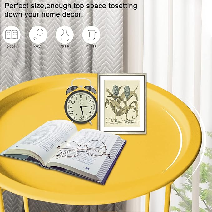VILAWLENCE Metal End Table Side Table Round Folding Tray, Sofa Grey Small Accent Fold-able Side Table Tray,Outdoor Side Sofa Table, Snack Table for Living Room and Bed Room 18.5 in (Yellow)