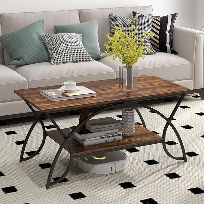 Giantex 2-Tier Rectangular Coffee Table, Wood Grain Table with Open Storage Shelf, Black Finished Metal Frame, Industrial Center Table for Living Room, Reception Room (Coffee)