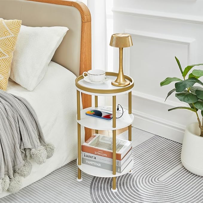 Small Round End Table with Charging Station, 3-Tier Accent Couch Beside Table with USB Ports & Power Outlets, Sofa Side Table for Living Room Small Nightstand Bedroom (USB Charger, White+Gold)