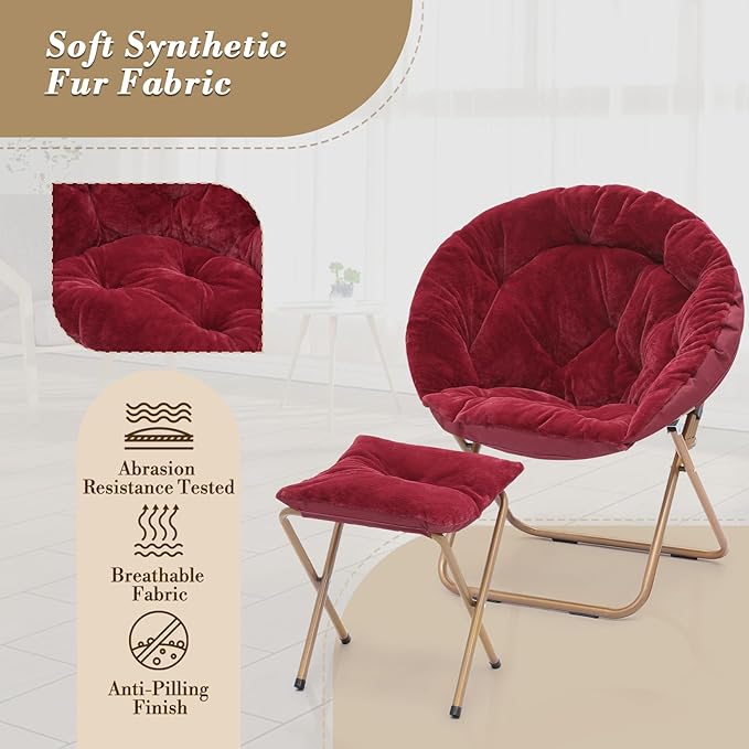 Athena Collection Saucer Chair with Ottoman Comfy Chair for Bed Room Living Room Folding Round Cozy Chair Faux Fur Metal Frame Foldable Lazy Chair Accent Chair Reading Chair, Red, Burgundy