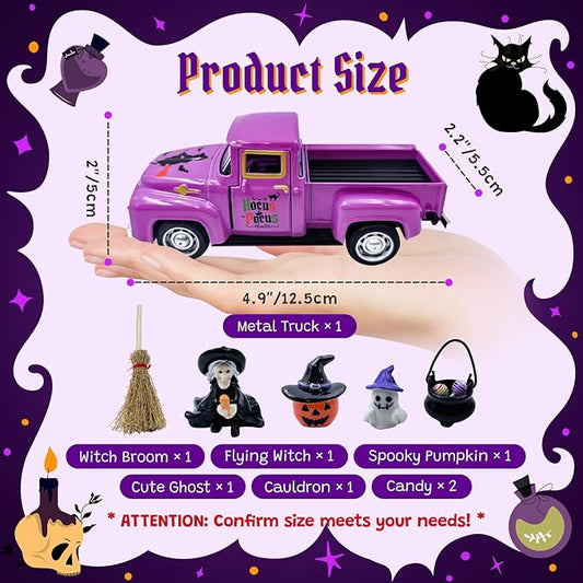 Witch Halloween Decor Indoor Vintage Metal Truck with Mini Witches Pumpkin Cauldron Ghost Figures Purple Hocus Pocus Tiered Tray Decor Halloween Witch Table Decorations for Home Kitchen Mantel Shelf
