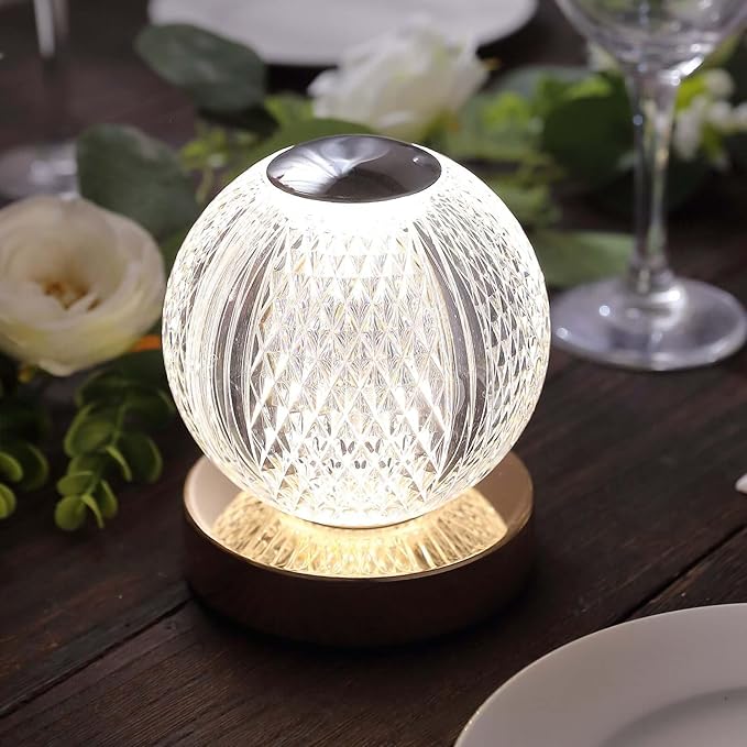 Efavormart 5" Diamond Cut Crystal Ball Dimmable LED Table Lamp with Touch Control, Cordless Rechargeable Decorative Night Light