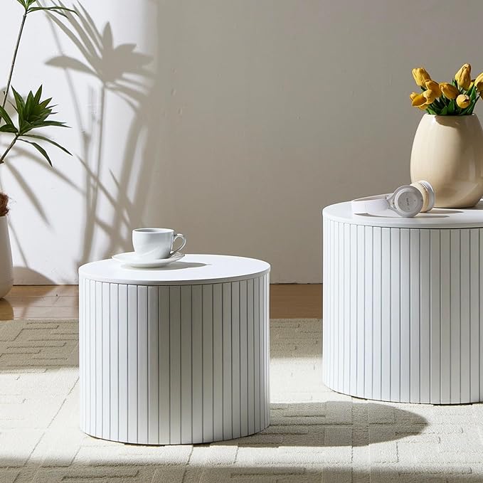 KEVINSPACE Small Coffee Table Nesting EndTable Set of 2, Round CoffeeTable with Storage Function Wood SideTable Circle Accent Tables for Small Spaces Living Room Bedroom Balcony Office White