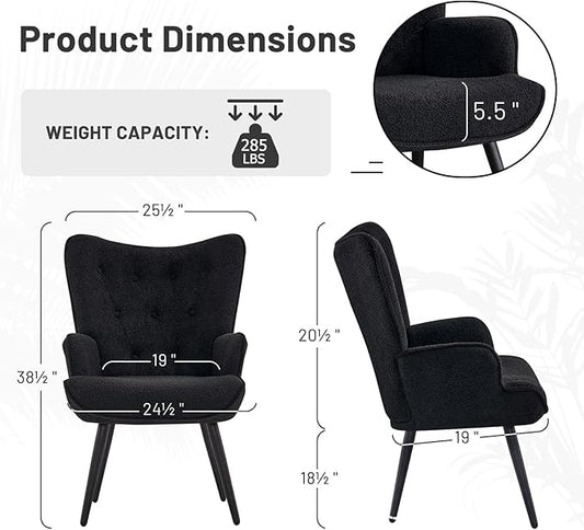 Furniliving Boucle Accent Chair for Living Room, Upholstered Reading Chair with High Backrest, Tufted-Button Wingback Armchair for Bedroom, Dressing Room, Home Office, Black