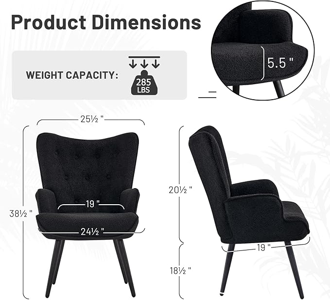 Furniliving Boucle Accent Chair for Living Room, Upholstered Reading Chair with High Backrest, Tufted-Button Wingback Armchair for Bedroom, Dressing Room, Home Office, Black, Set of 2