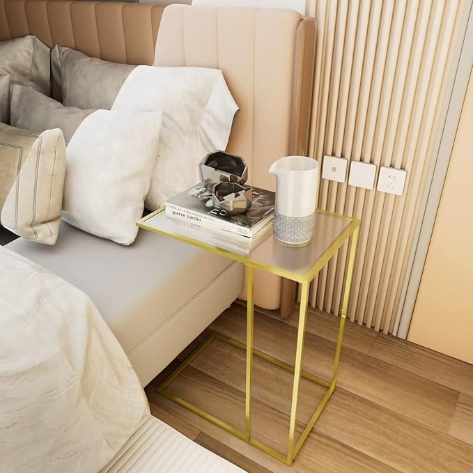 C-Shaped End Table, Side Table for Couch,Sofa Snack Table with Tempered Glass & Metal Frame,Small TV Tray Table for Small Space,Living Room, Bedroom, Bedside,Modern Style, Gold