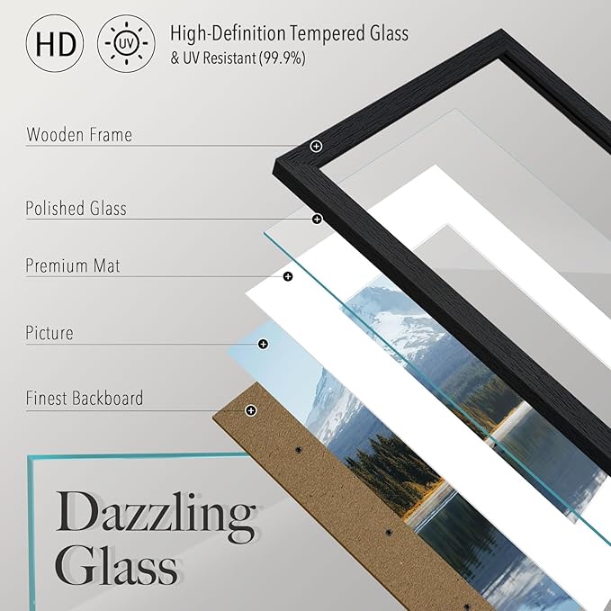 VCK 12x16 Picture Frame 5 Pack - Black, High-End Wood Poster Frames with Tempered Glass, Display 8.5x11 Photo with Mat or 12x16 without Mat, Art Gallery-Quality, Wall Hanging, Black