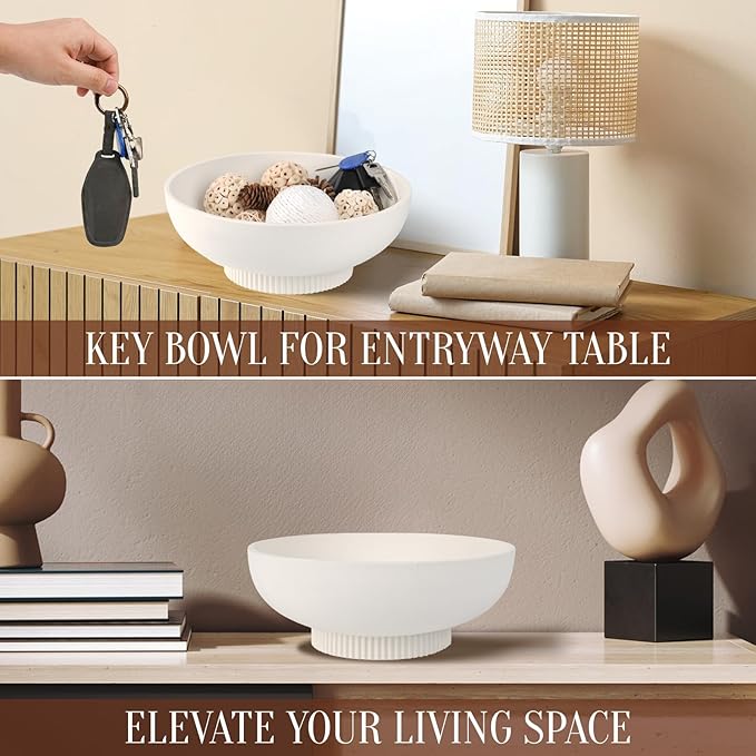 Large Resin Pedestal Decorative Bowl - Modern Handicraft Bowls for Home Decor - Fruit Bowl for Kitchen Counter - Key Bowl for Entryway Table,Artificial Stone White