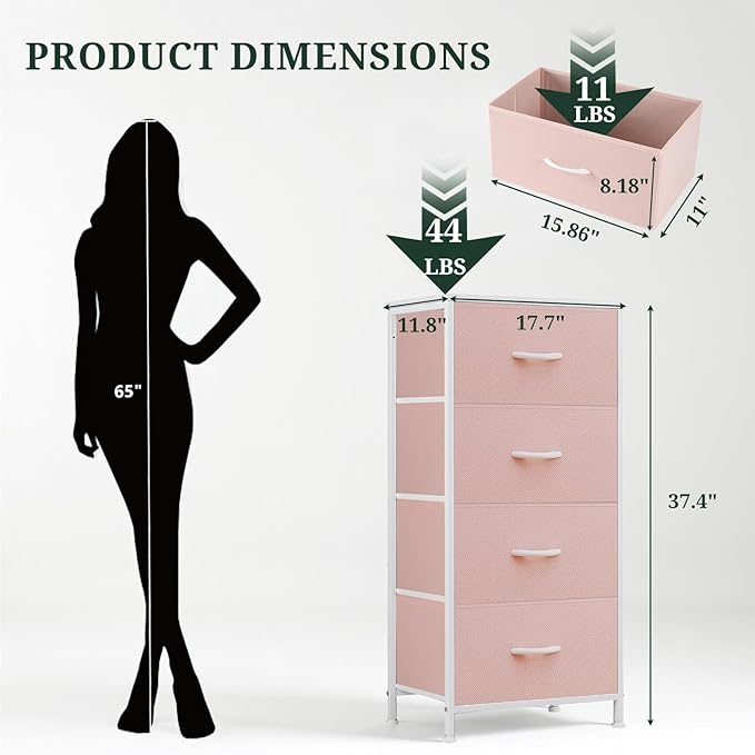 Nightstand, 4 Drawer Dresser End Table Bedside Furniture with Wooden Top Steel Frame Fabric Bins for Bedroom, Closet, Entryway, Dorm, Living Room, Pink