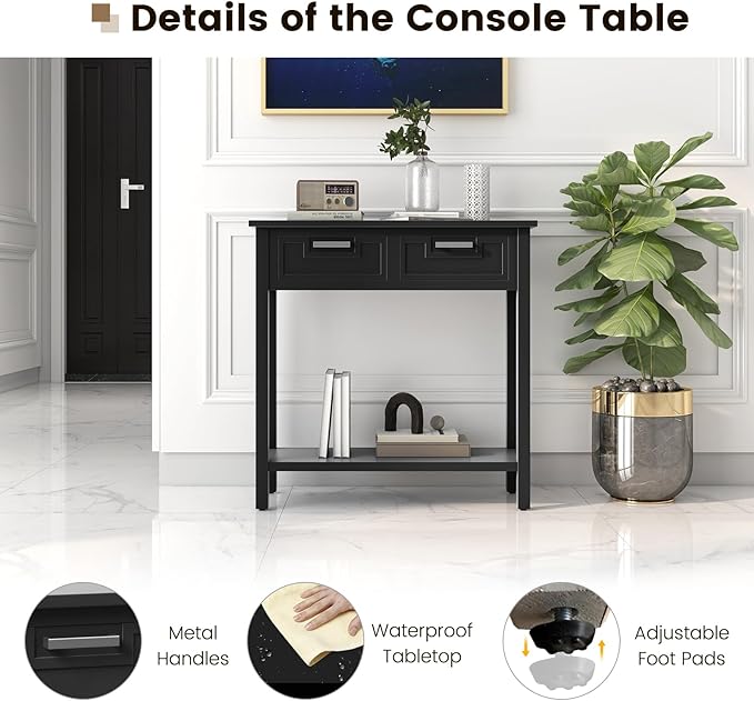 GOFLAME Small Console Table with 2 Drawers, 31” Entry Table with Storage Shelf, Modern, Narrow Sofa Table for Living Room, Hallway, Entrance (Black)