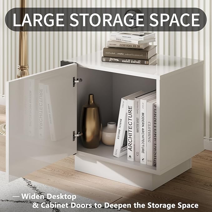 AMERLIFE 2PCS Entertainment Center Side Table Set with Storage, Modern High Gloss End Tables with 2 Cabinet Doors, for Living Room/Bedroom/Office, White/Black