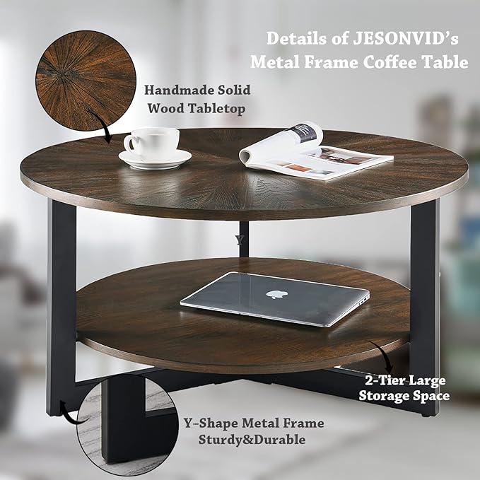 Round Coffee Table with Storage Shelf, 33.5in Circle Accent Center Table with Black Metal Legs, 2-Tier Industrial Cocktail Table for Living Room, Brown-1338NC