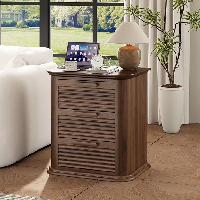 22'' Fluted Nightstand with Charging Station Set of 2, Modern End Table with 3 Drawers and Storage, Wood Night Stand with Round Corner, Side Table for Bedroom, Living Room, Curved Profile,Walnut