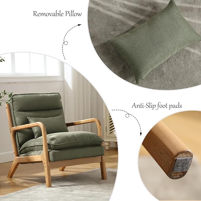 INZOY Mid Century Modern Accent Chair with Wood Frame, Upholstered Reading Armchair with Waist Cushion, Double Padded Accent Chair, Side Chair for Living Room Bedroom Office, Easy Assembly, Green