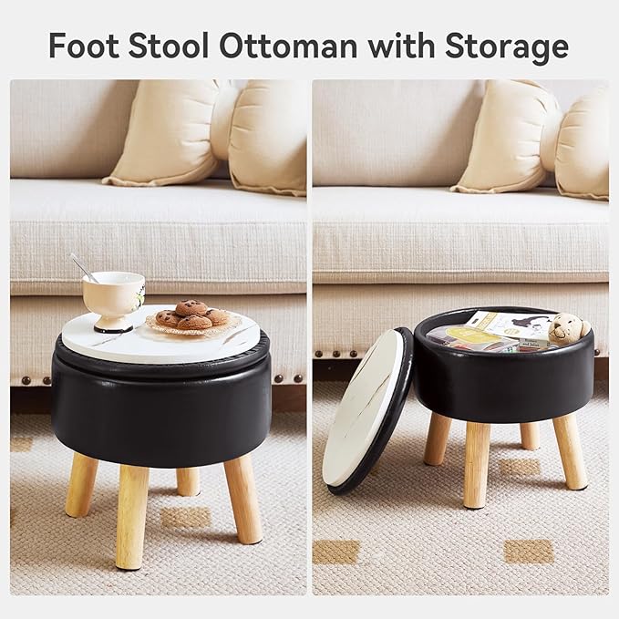 IBUYKE 13 Inch Foot Stool Ottoman with Storage, Round Small Foot Rest with Padded Seat and Wood Legs, PU Faux Leather Mini Footstool for Living Room Couch Bedroom Entryway, Black WBD023B