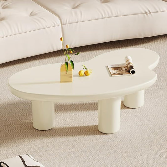 42.24" Cloud Shaped Coffee Table, Unique Style Center Table, Small End Table, Modern Irregular Coffee Table with 3 Legs for Small Space, Living Room, Easy Assembly, Cream White