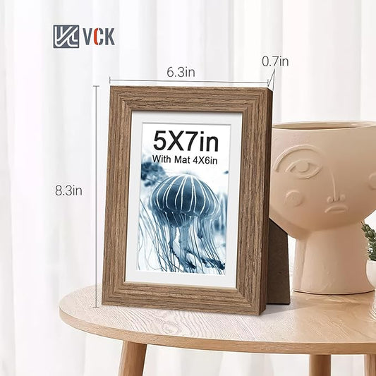 VCK 5x7 Picture Frame 5 Pack - Walnut, High-End Wood Poster Frames with Tempered Glass, Display 4x6 Photo with Mat or 5x7 without Mat, Art Gallery-Quality, Wall Hanging/Tabletop, Walnut