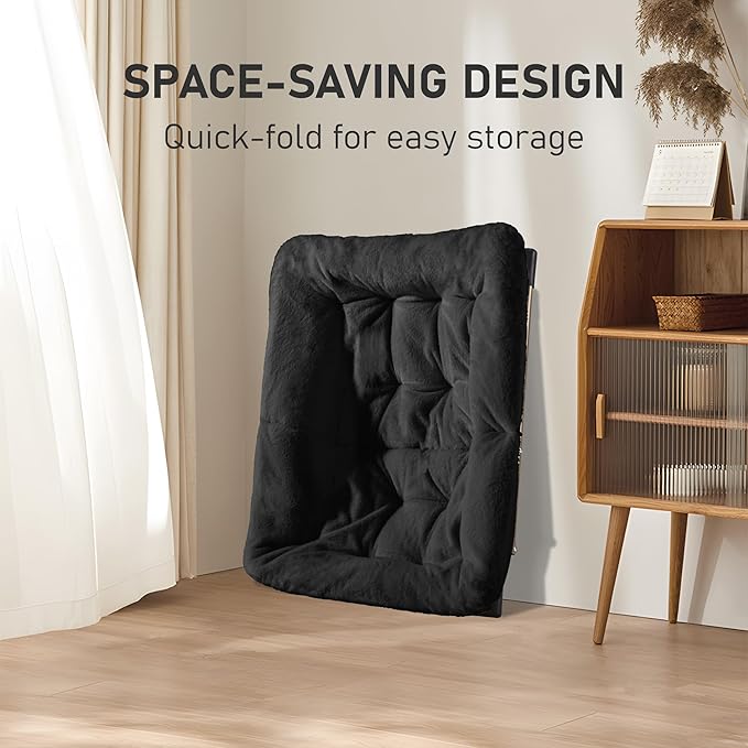 Comfy Oversized Saucer Chair, Soft Faux Fur Reading Lounge Chair for Adults, Stable X-Large Metal Frame and Non-Slip Pad, Foldable Cozy Chairs for Bedroom, Living Room, Dorm, Office, Black