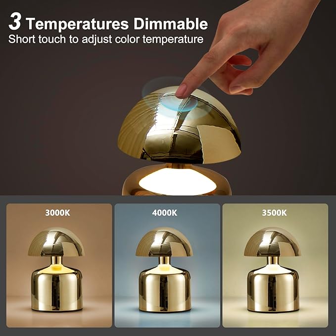 Modern Cordless Mushroom Small Table Lamp Touch LED Lamp, 3-Way Dimmable Bedside Nightstand Lamp Mini Rechargeable Night Light for Bedroom, Living Room
