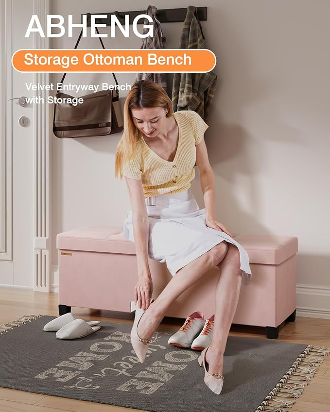 Foldable Storage Ottoman Bench, Velvet Footrest and Seat Cube with Feet, Storage Chest, for Living Room, Bedroom and Office, 15 x 43 x 15.7 Inches, Jelly Pink, ASND24P