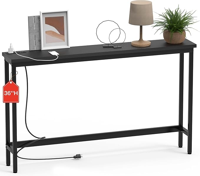 35'' High Behind Couch Table, Narrow Console Table with Outlet, Sofa Table for Entryway Hallway, Living Room, Black