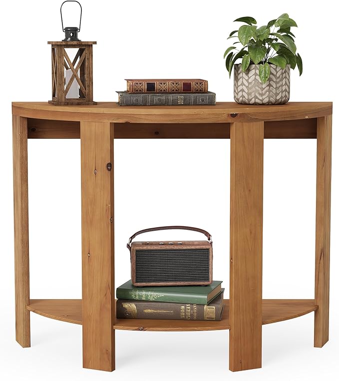 Solid Wood Half-Moon Console Table for Entryway, 41.3" Farmhouse Small Hallway Entry Accent Table with 2-Tier Storage for Living Room, Foyer, Entrance, Easy Assembly