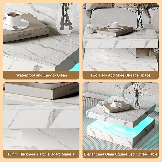 White Marble LED Coffee Table for Living Room, Living Room Table 2-Tier Square Middle Center Table, Modern Coffee Tables with Storage, Contemporary Wood Tea Tables for Dining Reception