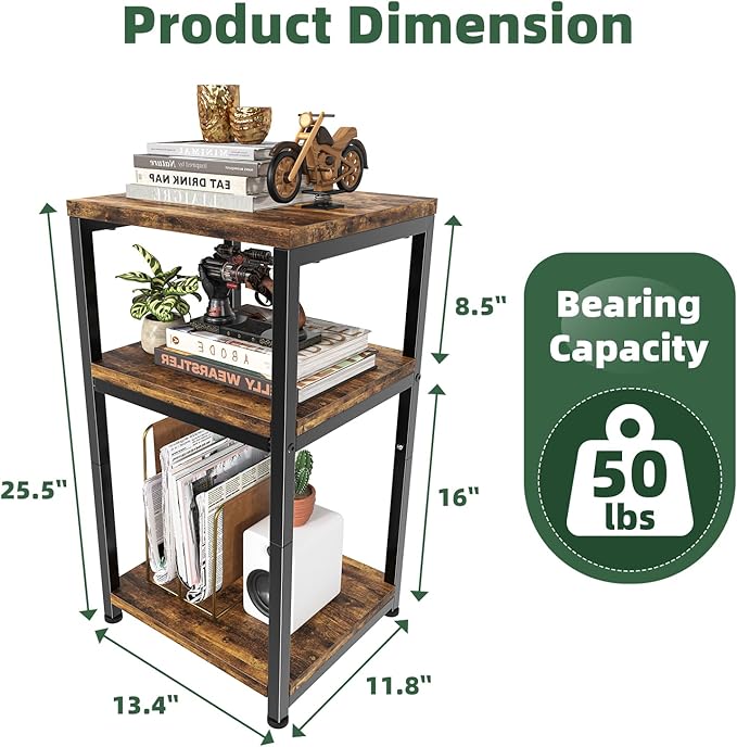 Simple Trending 3 Tier End Table, Side Table Sofa Couch Table for Living Room, Night Stand Storage Shelf, Rustic Brown