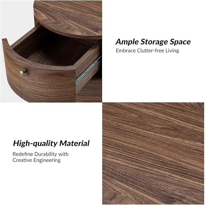 HULALA HOME Round End Table with 3 Storage Drawers, Mid Century Modern Sofa Side Table with Metal Legs, Farmhouse Wood Small Side Table for Living Room, Bedroom and Small Spaces, Walnut