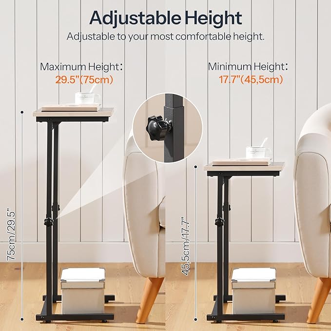 HOOBRO C Shaped End Table, Adjustable Height Side Table for Sofa, Couch Table for Small Space, Slide Under Small Tray Side Table for Living Room, Bedroom, Greige and Black BG71SF01