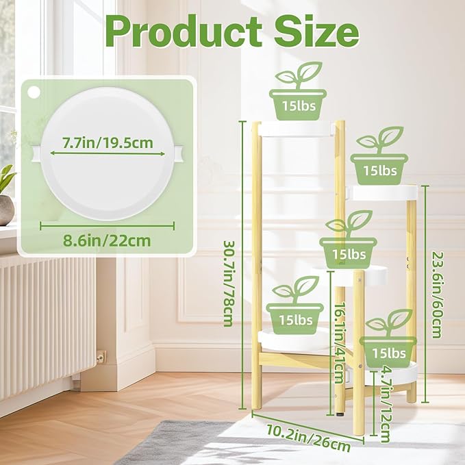 iDavosic.ly 5 Tier Bamboo Plant Stand Indoor Outdoor with Plastic Tray, Tiered Corner Flower Holder Shelf, Space Saving Orchid Display Rack for Patio Porch Living Room Garden Balcony, Natural White