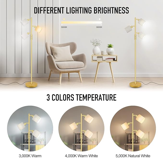 Gold Floor Lamps for Living Room, 3 Color Temperature, 3 Light Tree Standing Lamp, Minimalist Corner Floor Lamp with Lamp Shades Modern Pole Lamp for Bedroom Office Kids Room, Reading (5W LED Bulbs)
