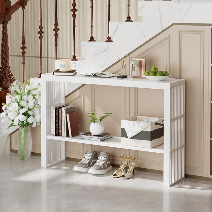 Bamboo 47.2" Narrow Console Table, 2-Tier Farmhouse Side Table, Rectangular Entryway Table, Modern Sofa Table Behind Couch with Storage Shelves for Entrance, Living Room, Hallway, Foyer (White)