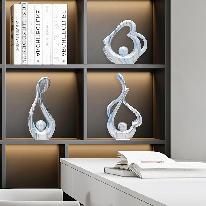 Blue Sculptures Home Decor, Ceramic Statues Coffee Table Decor for Living Room, Table Centerpiece for Dining Room, Shelf, Entry, Modern Minimalist Abstract Art Objects (2pcs)